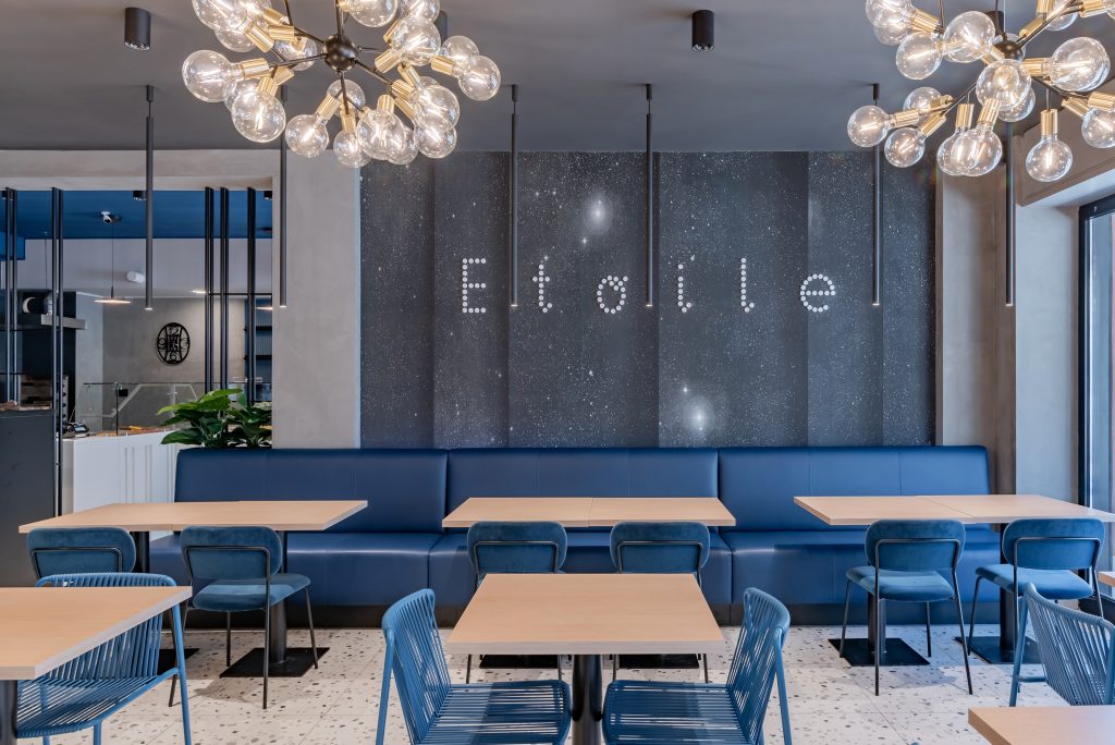 Pizzeria Etoile Roma logo tavolini e sedie divanetti blu