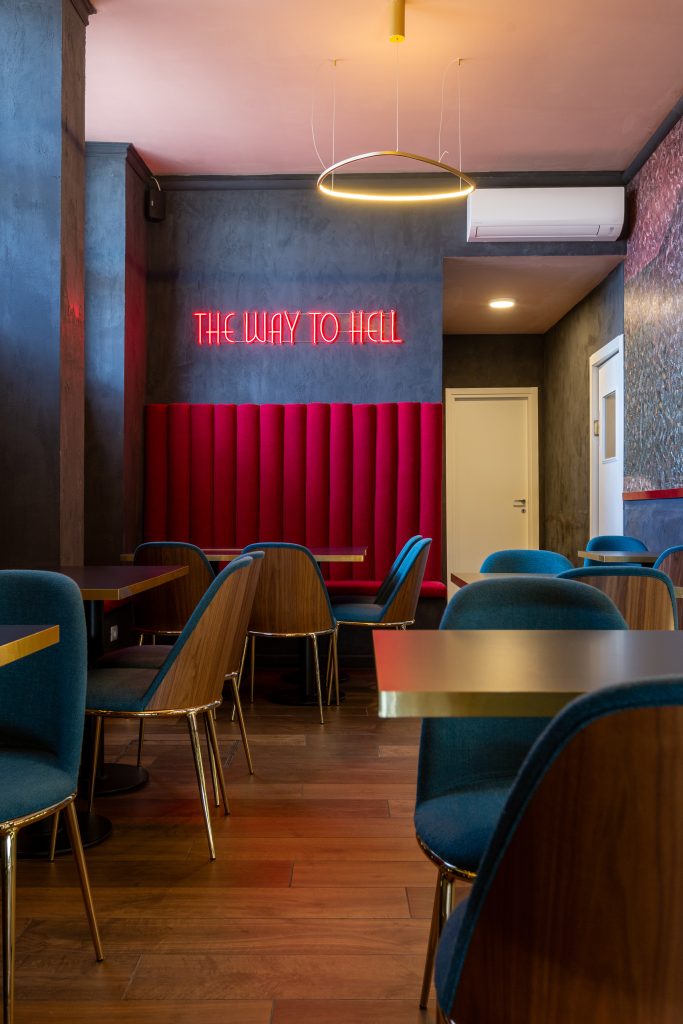 Lux cocktail bar pendant lighting and neon lettering