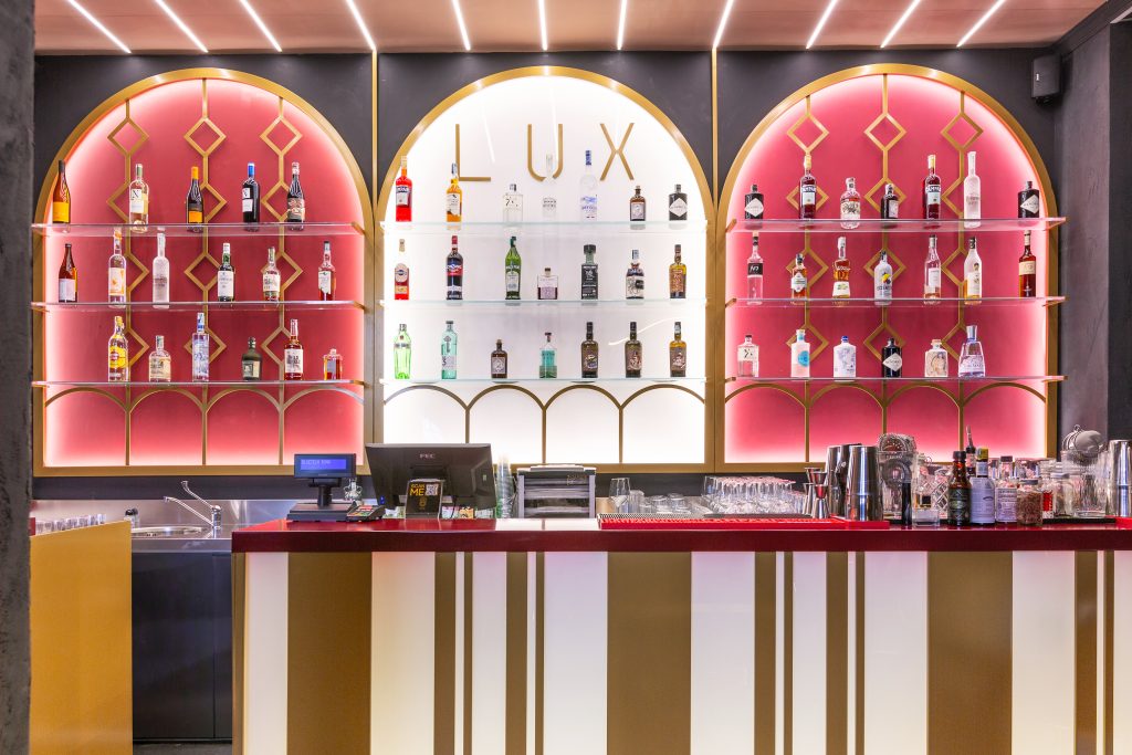 Lux cocktail bar counter with bottle display